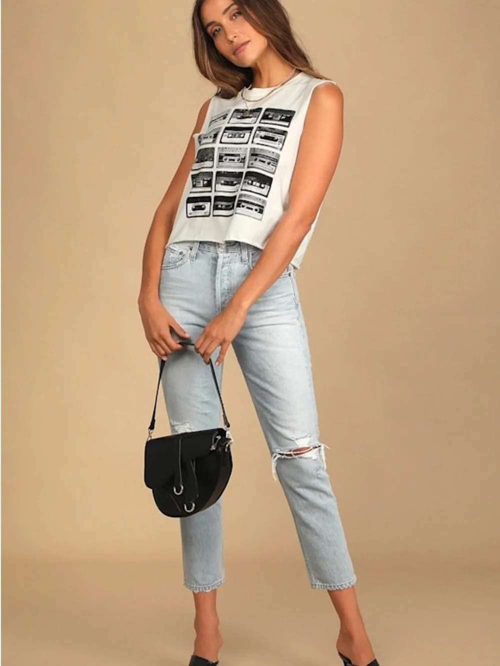 Lulus Cassette White Cropped Graphic Muscle Tank Top - Large - Picture 2 of 7
